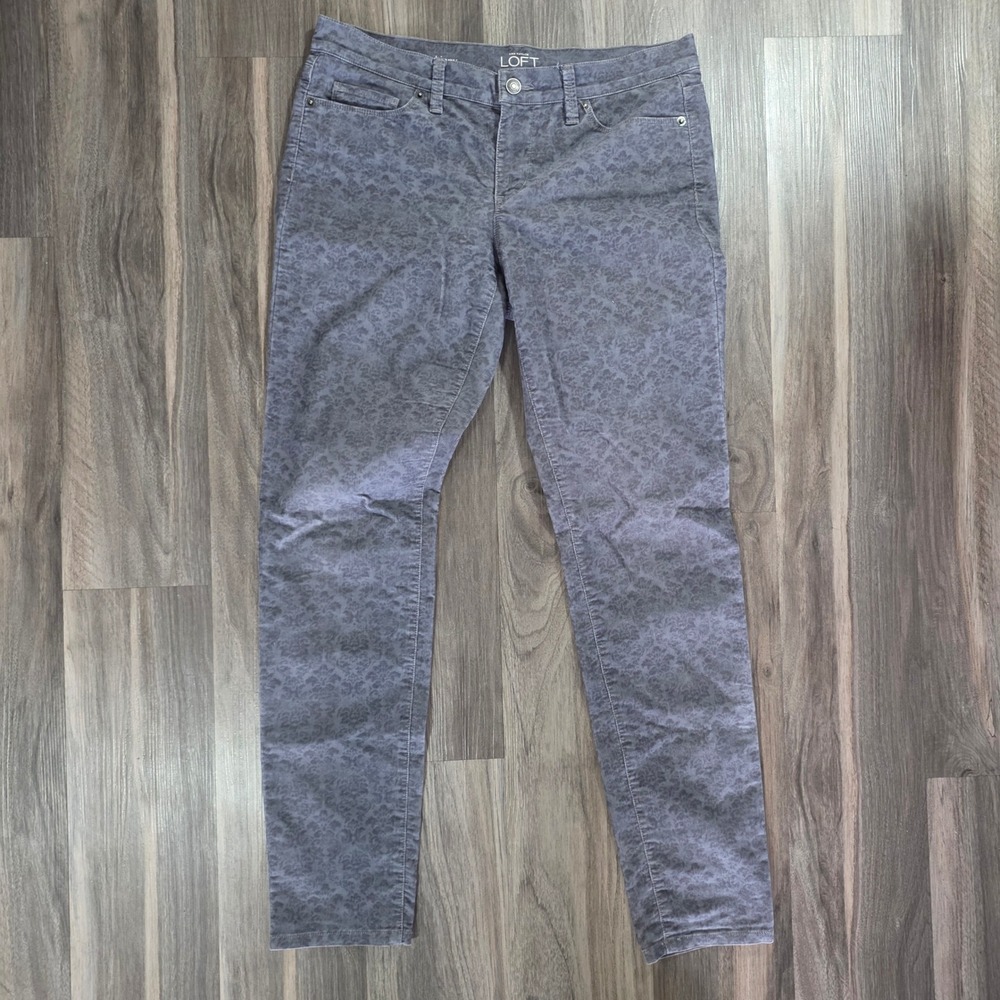Ann Taylor LOFT Modern Skinny Corduroy Pants Floral Damask Grey Purple 28/6